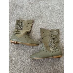 Vintage 1980s Pistachio Green Western Fringe Suede Slouch Boots Size 8